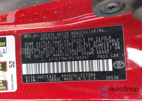 2023 Toyota Camry Se Night Shade/Se from USA, damaged, VIN 4T1G11AK3PU180347